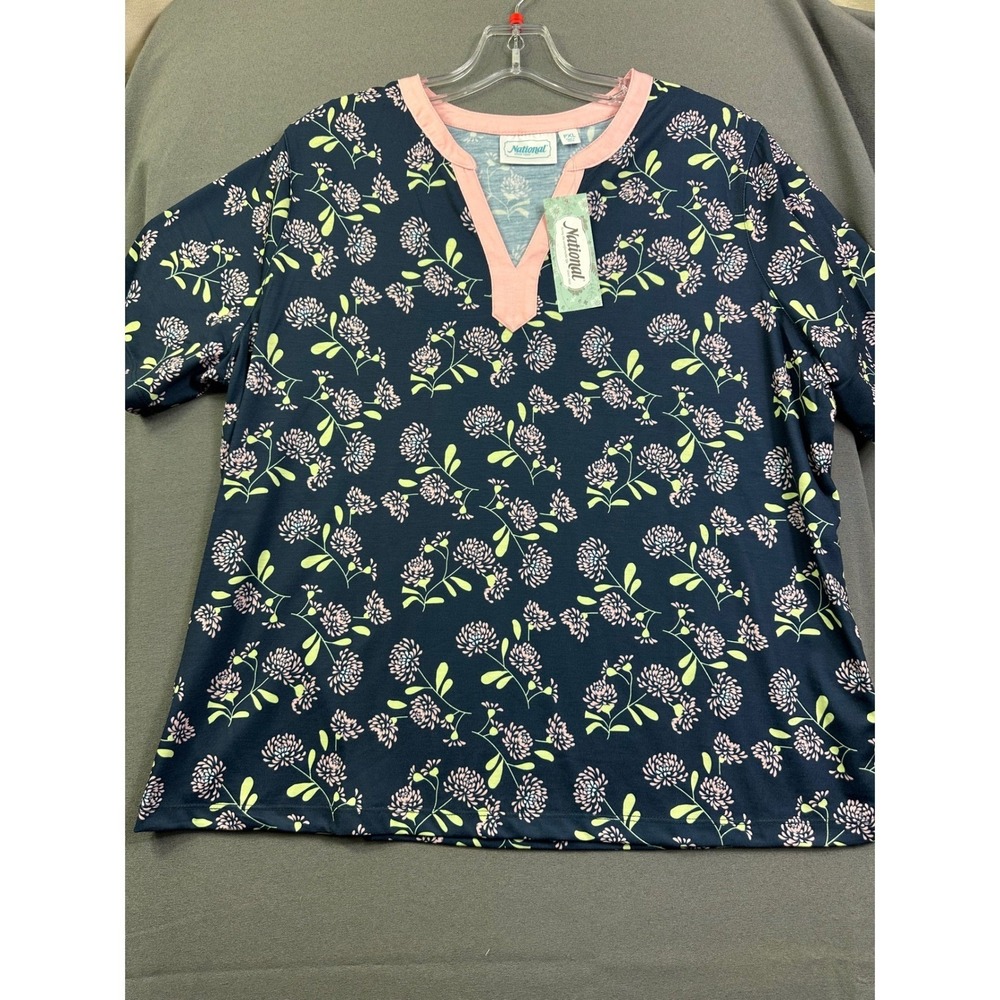 National Women's Navy Blue‎ Pink Floral Split Neck Knit Top PXL NWT
